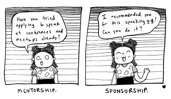 Comic showing the difference of sponsorship vs mentorship